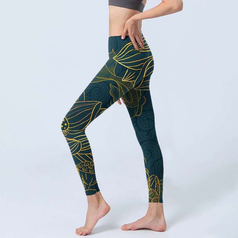 Nimara Ritual Gray Golden Koi Fish Lotus Print Gym Leggings Women's Yoga Pants