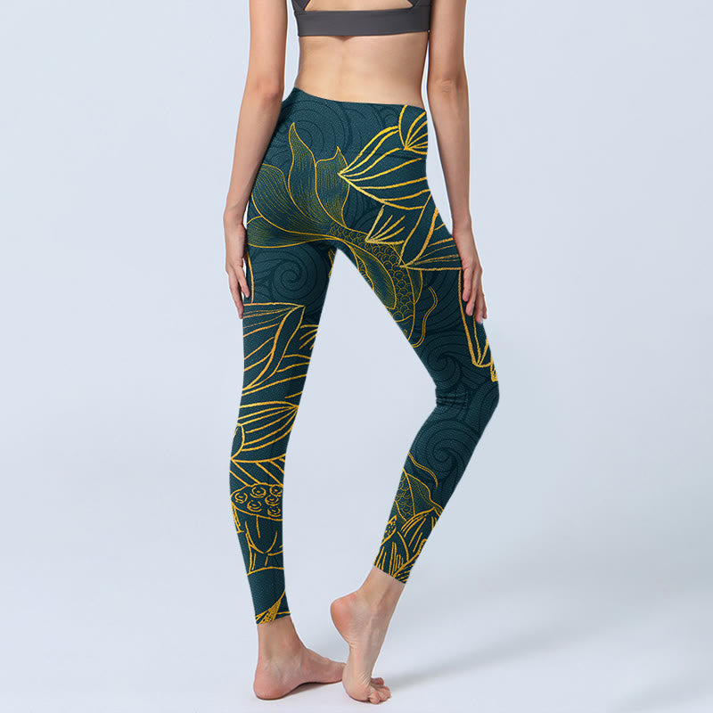 Nimara Ritual Gray Golden Koi Fish Lotus Print Gym Leggings Women's Yoga Pants