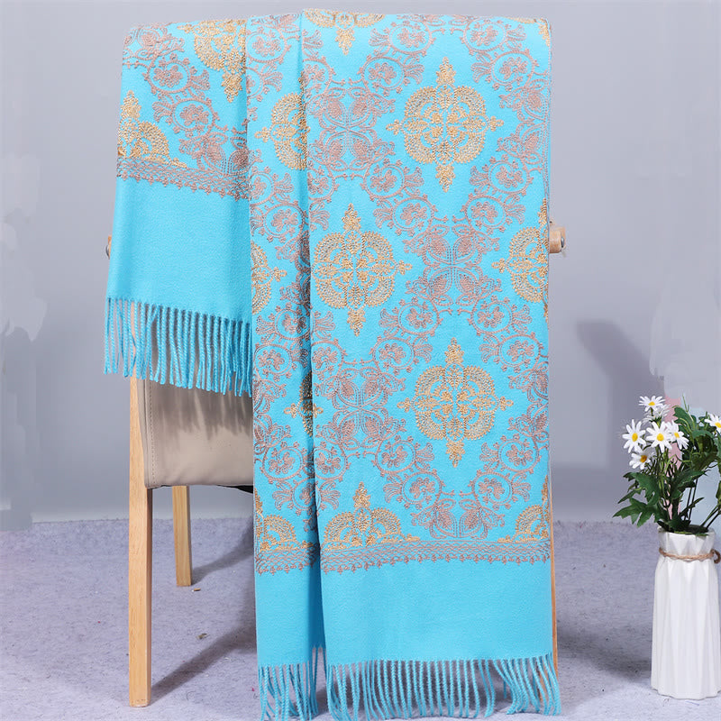 Nimara Ritual Polyester Shawl Symmetry Gold Filigree Embroidery Tassel Winter Cozy Travel Scarf Wrap
