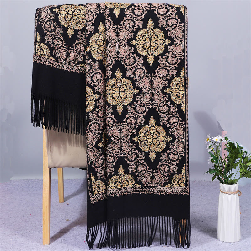 Nimara Ritual Polyester Shawl Symmetry Gold Filigree Embroidery Tassel Winter Cozy Travel Scarf Wrap