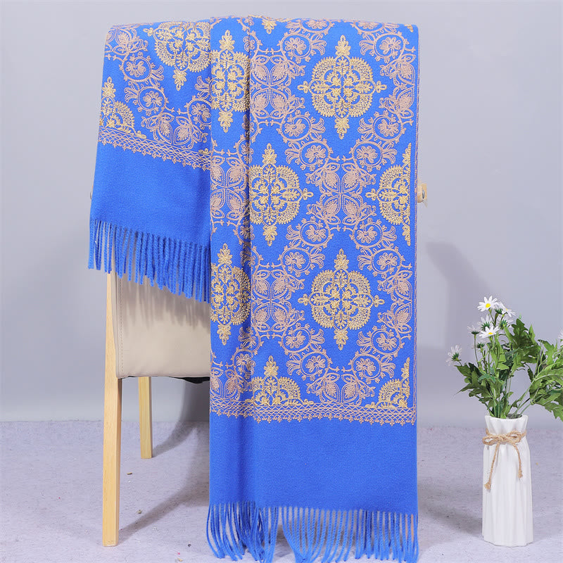 Nimara Ritual Polyester Shawl Symmetry Gold Filigree Embroidery Tassel Winter Cozy Travel Scarf Wrap