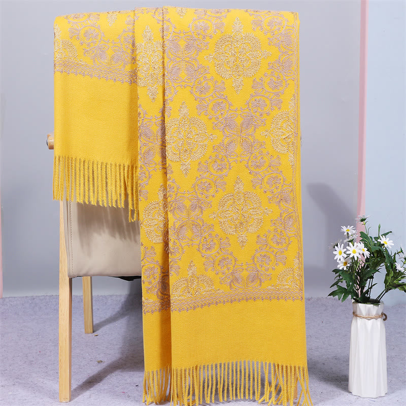 Nimara Ritual Polyester Shawl Symmetry Gold Filigree Embroidery Tassel Winter Cozy Travel Scarf Wrap