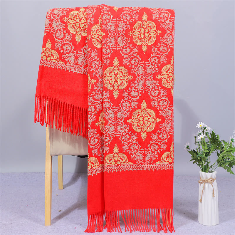 Nimara Ritual Polyester Shawl Symmetry Gold Filigree Embroidery Tassel Winter Cozy Travel Scarf Wrap