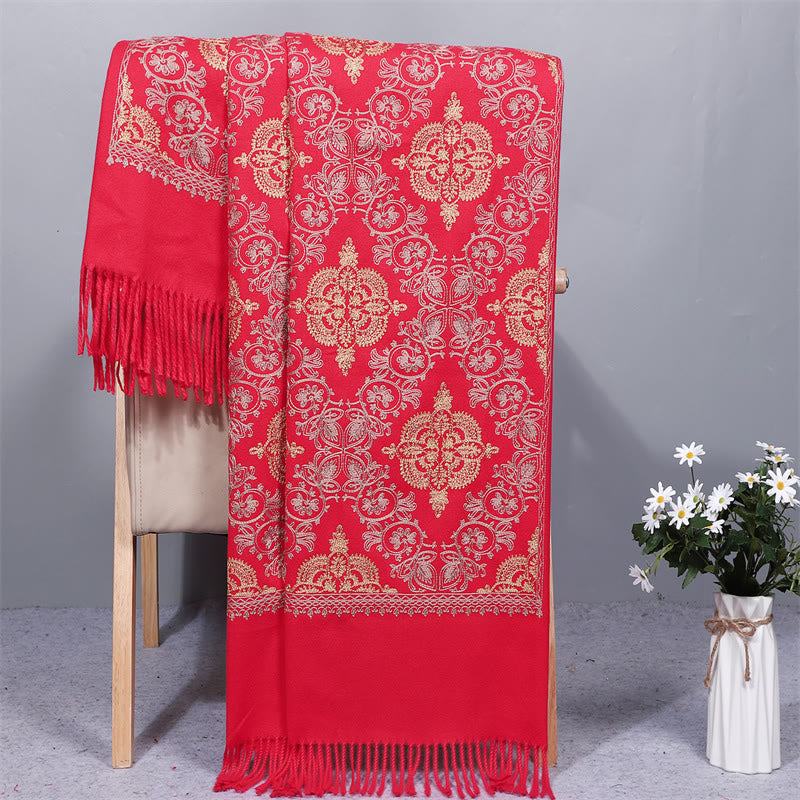 Nimara Ritual Polyester Shawl Symmetry Gold Filigree Embroidery Tassel Winter Cozy Travel Scarf Wrap