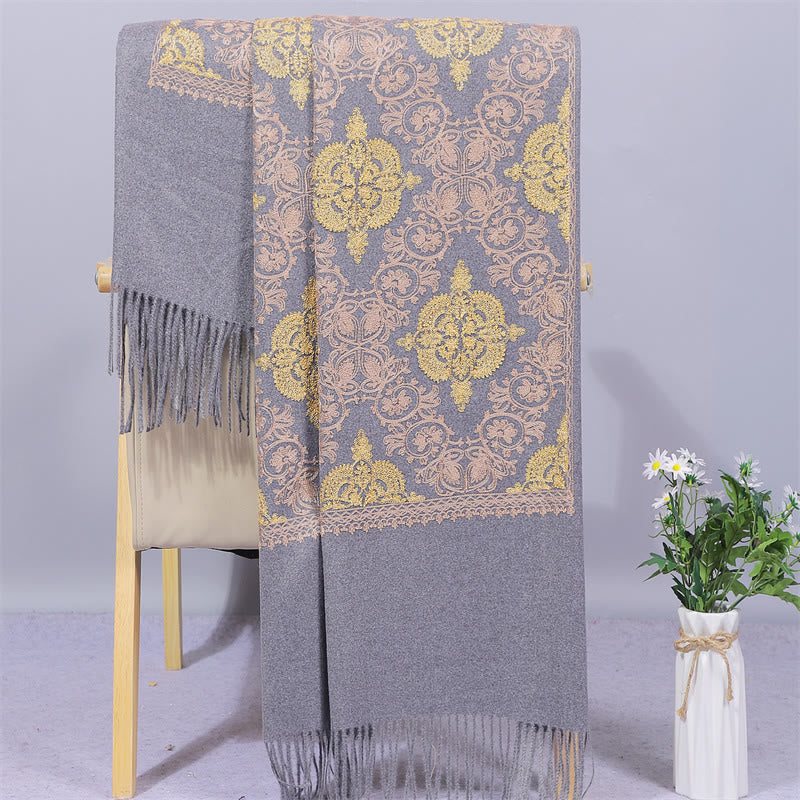Nimara Ritual Polyester Shawl Symmetry Gold Filigree Embroidery Tassel Winter Cozy Travel Scarf Wrap
