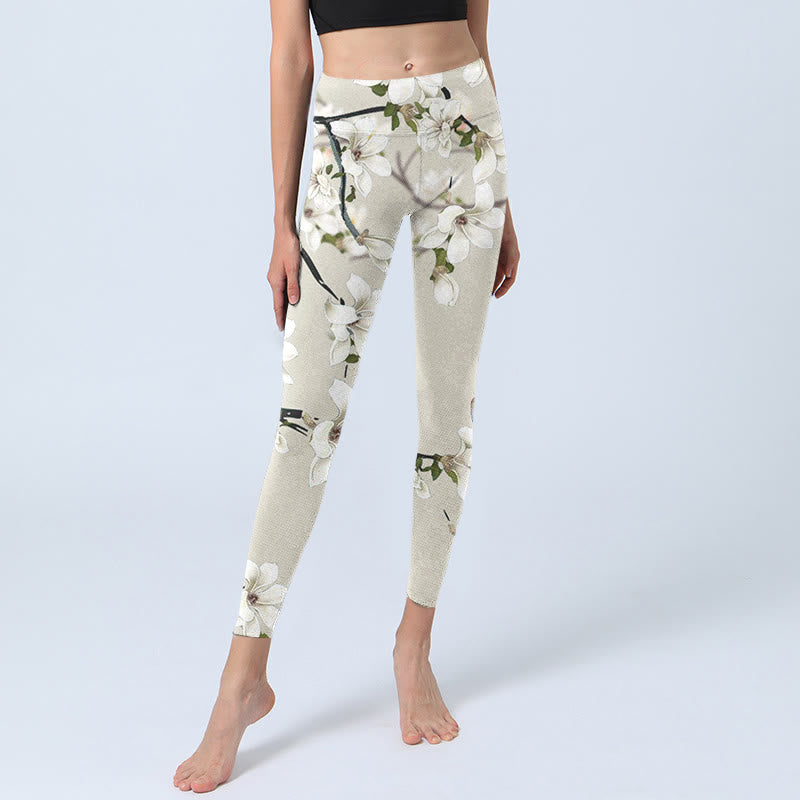 Nimara Ritual White Magnolia Flower Print Sports Fitness Leggings Women's Yoga Pants