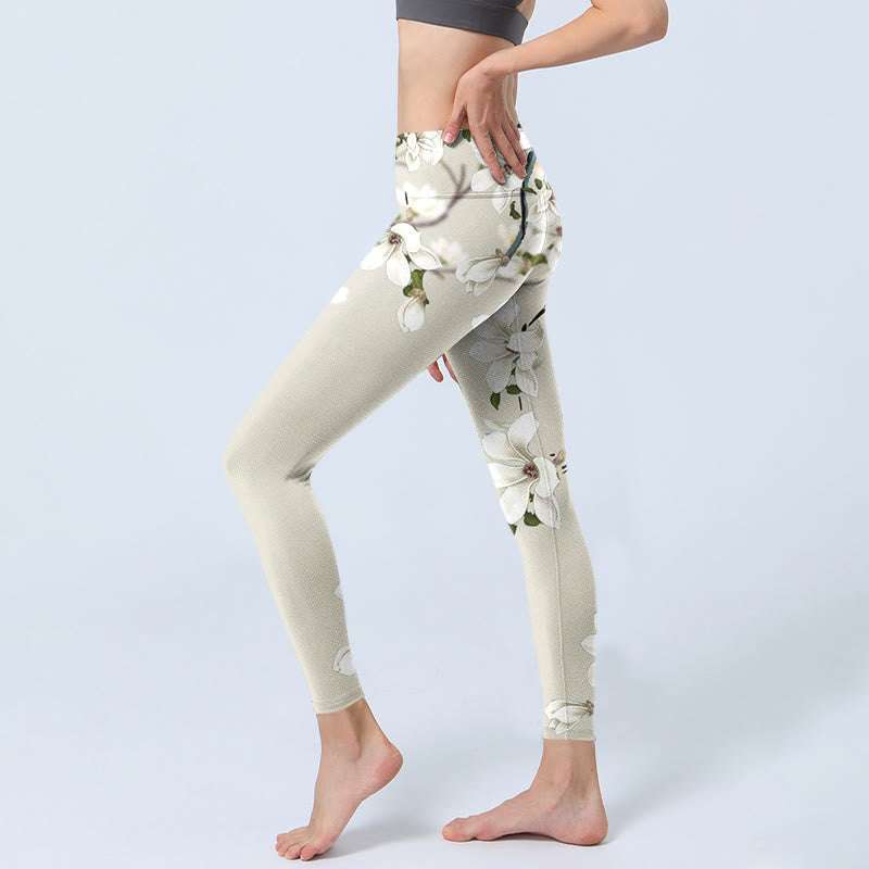 Nimara Ritual White Magnolia Flower Print Sports Fitness Leggings Women's Yoga Pants