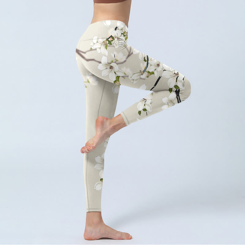 Nimara Ritual White Magnolia Flower Print Sports Fitness Leggings Women's Yoga Pants