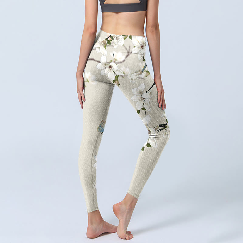 Nimara Ritual White Magnolia Flower Print Sports Fitness Leggings Women's Yoga Pants