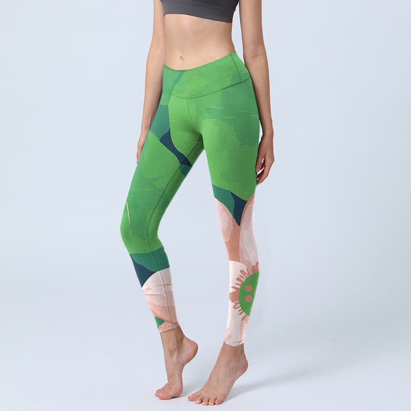 Nimara Ritual Green Lotus Flower Leaf Print Sports Fitness Leggings Women's Yoga Pants