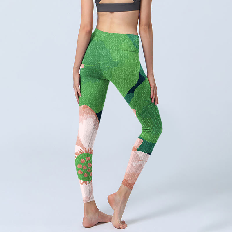 Nimara Ritual Green Lotus Flower Leaf Print Sports Fitness Leggings Women's Yoga Pants