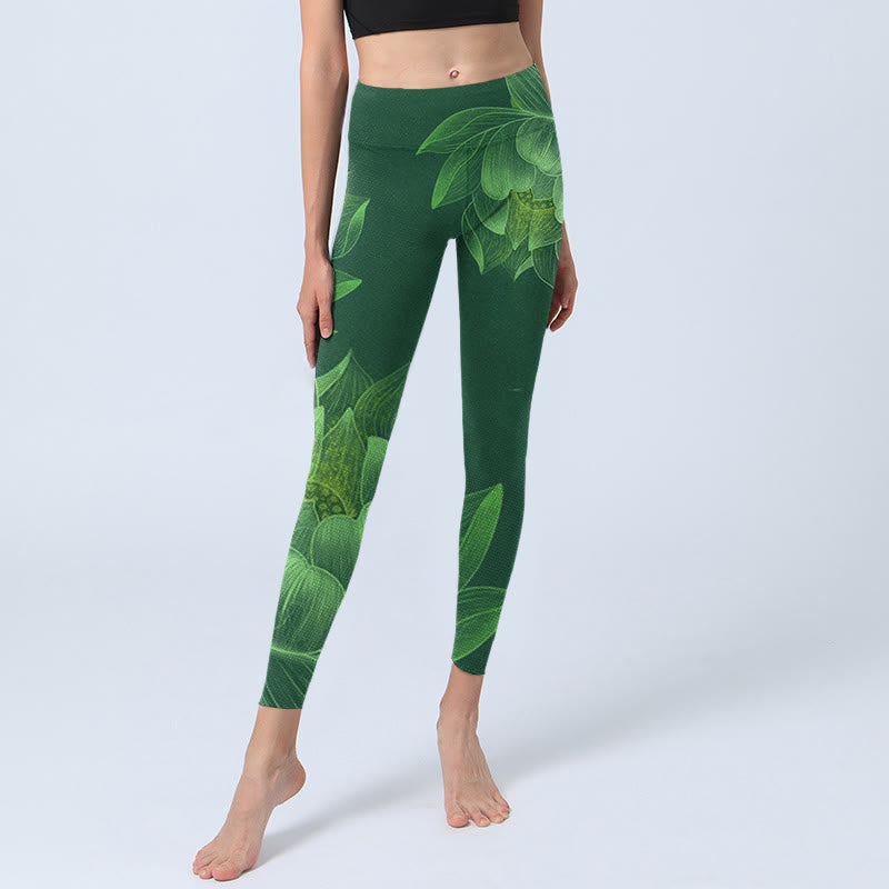 Nimara Ritual Dark Green Lotus Flower Leaf Print Gym Fitness Leggings Women's Yoga Pants