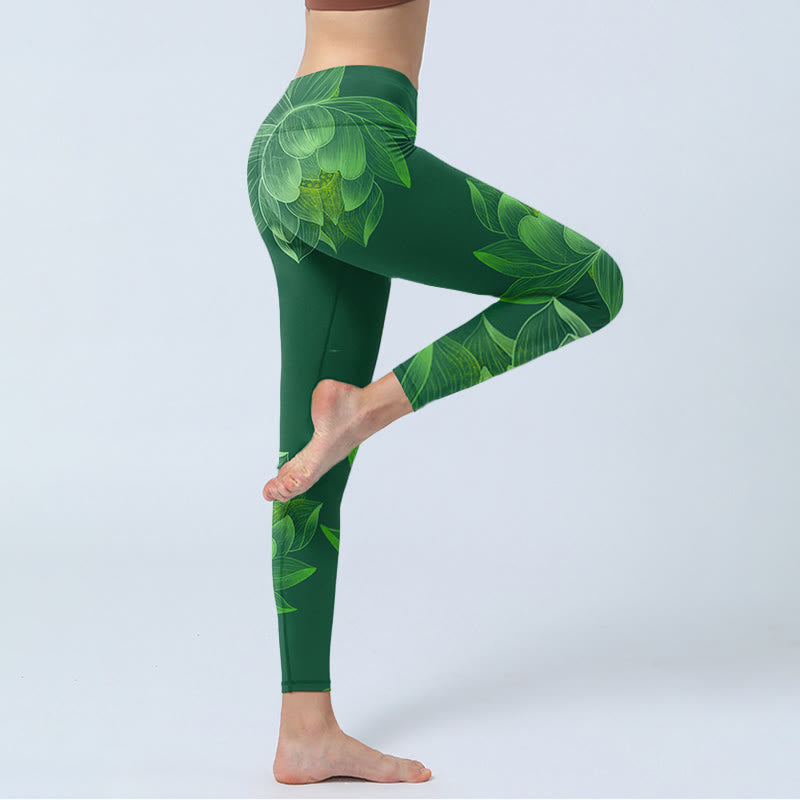 Nimara Ritual Dark Green Lotus Flower Leaf Print Gym Fitness Leggings Women's Yoga Pants