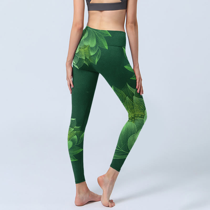 Nimara Ritual Dark Green Lotus Flower Leaf Print Gym Fitness Leggings Women's Yoga Pants