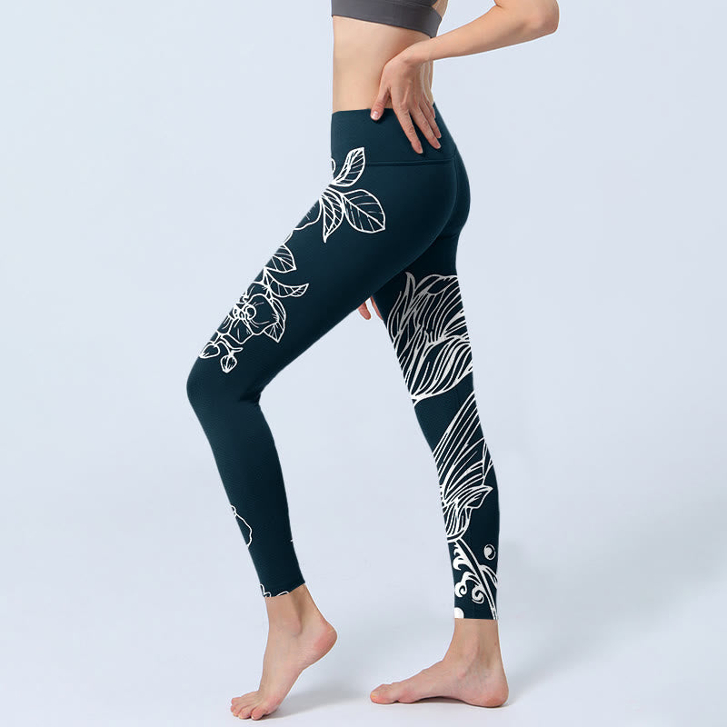 Nimara Ritual Peony Epiphyllum Flowers Print Gym Fitness Leggings Women's Yoga Pants