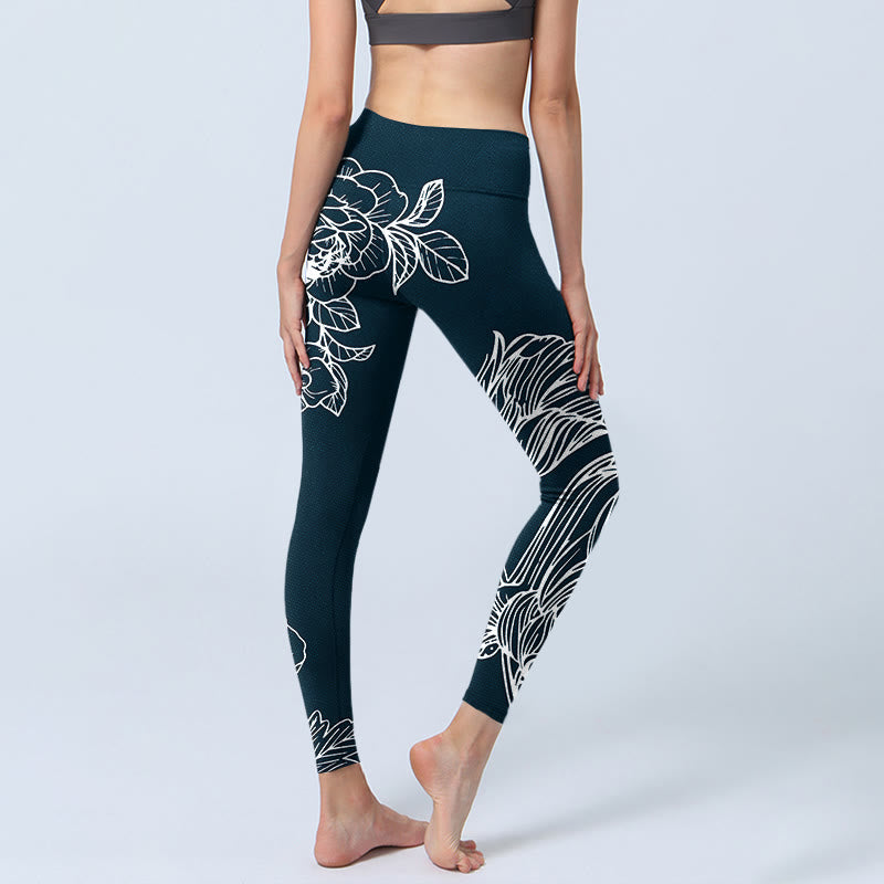 Nimara Ritual Peony Epiphyllum Flowers Print Gym Fitness Leggings Women's Yoga Pants