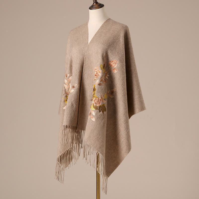 Nimara Ritual Wool Shawl White Pink Flowers Golden Leaves Embroidery Tassel Winter Cozy Travel Scarf Wrap