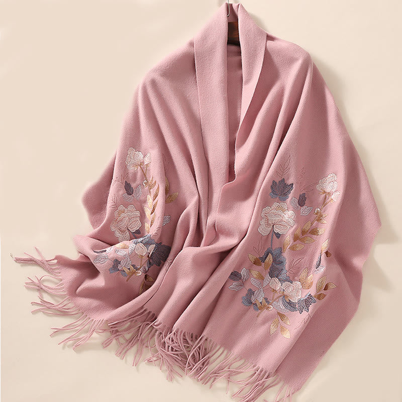 Nimara Ritual Wool Shawl White Pink Flowers Golden Leaves Embroidery Tassel Winter Cozy Travel Scarf Wrap