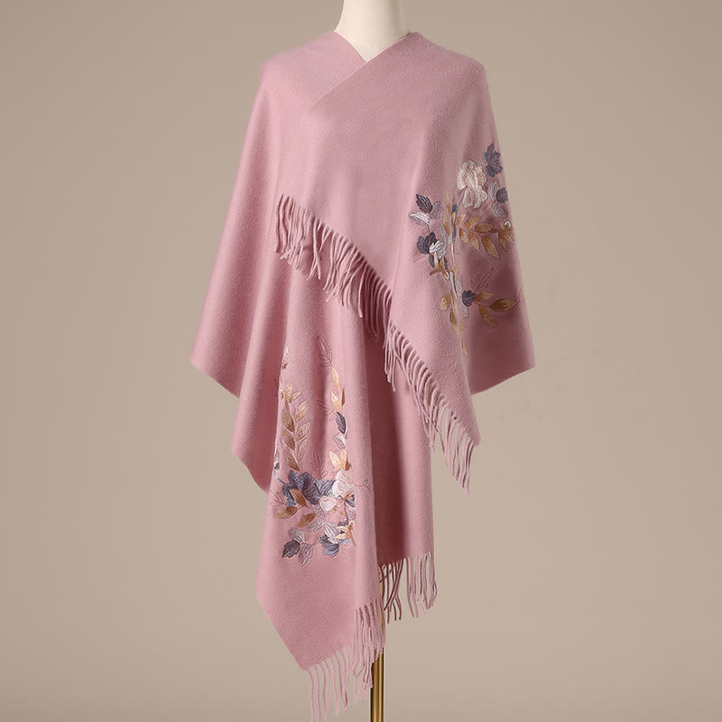 Nimara Ritual Wool Shawl White Pink Flowers Golden Leaves Embroidery Tassel Winter Cozy Travel Scarf Wrap