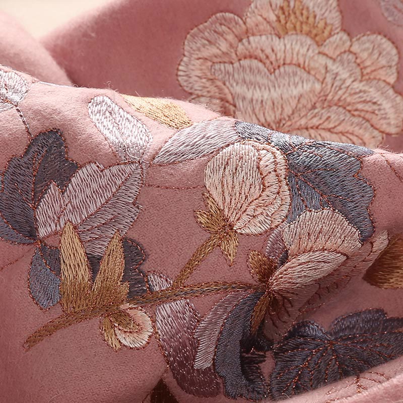 Nimara Ritual Wool Shawl White Pink Flowers Golden Leaves Embroidery Tassel Winter Cozy Travel Scarf Wrap