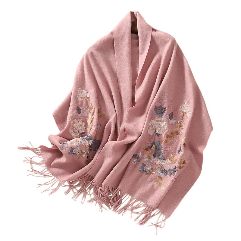 Nimara Ritual Wool Shawl White Pink Flowers Golden Leaves Embroidery Tassel Winter Cozy Travel Scarf Wrap