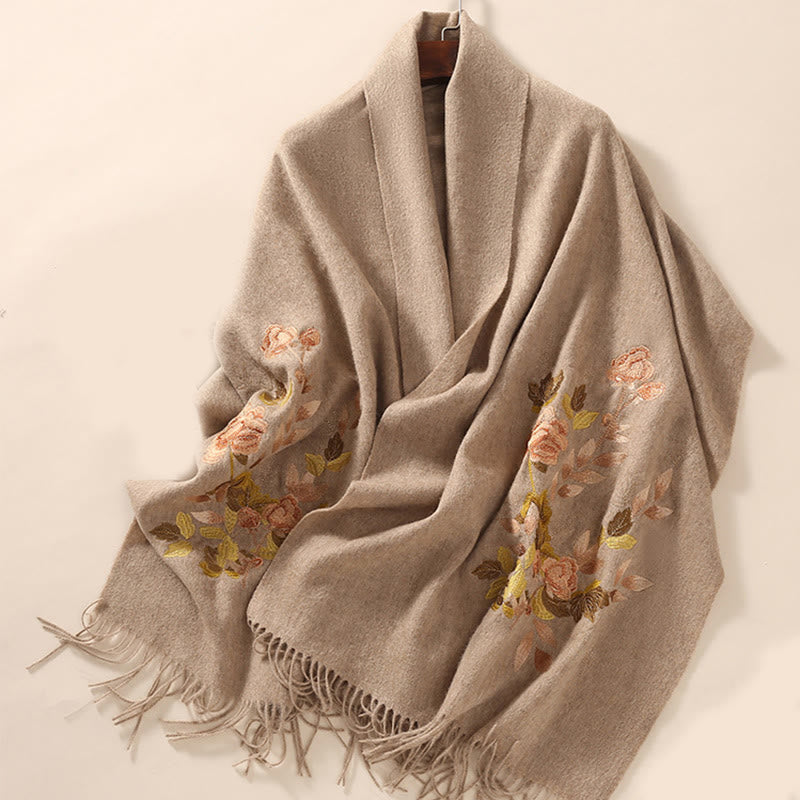 Nimara Ritual Wool Shawl White Pink Flowers Golden Leaves Embroidery Tassel Winter Cozy Travel Scarf Wrap