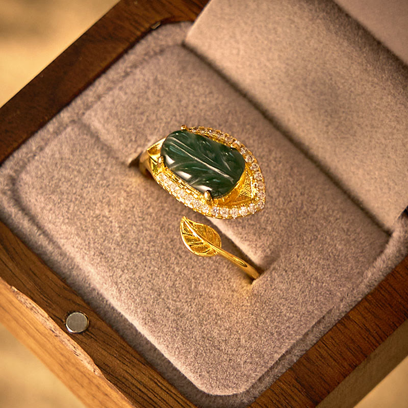 Nimara Ritual Copper Plated Gold Natural Jade Leaf Prosperity Adjustable Ring