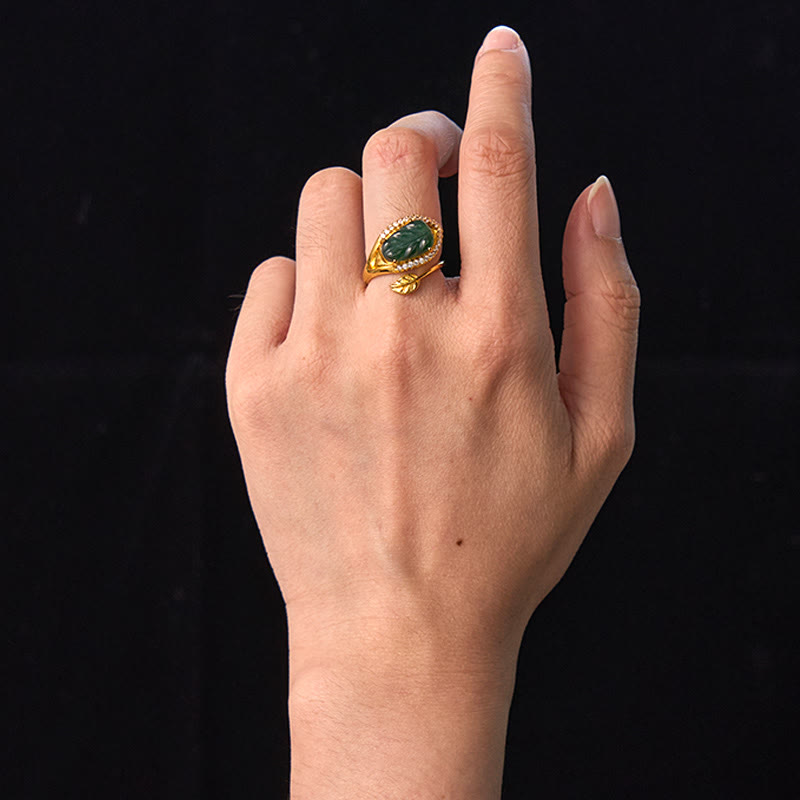 Nimara Ritual Copper Plated Gold Natural Jade Leaf Prosperity Adjustable Ring
