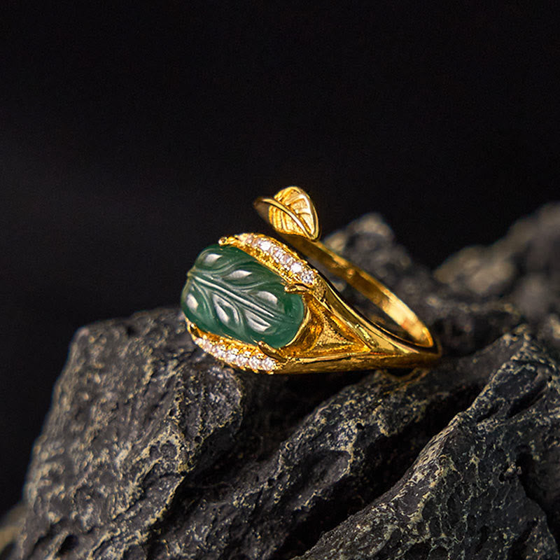 Nimara Ritual Copper Plated Gold Natural Jade Leaf Prosperity Adjustable Ring