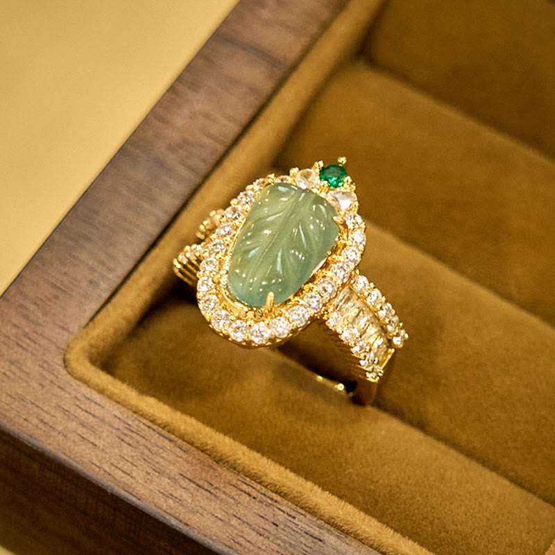Nimara Ritual Copper Plated Gold Natural Jade Leaf Full Diamond Luck Adjustable Ring