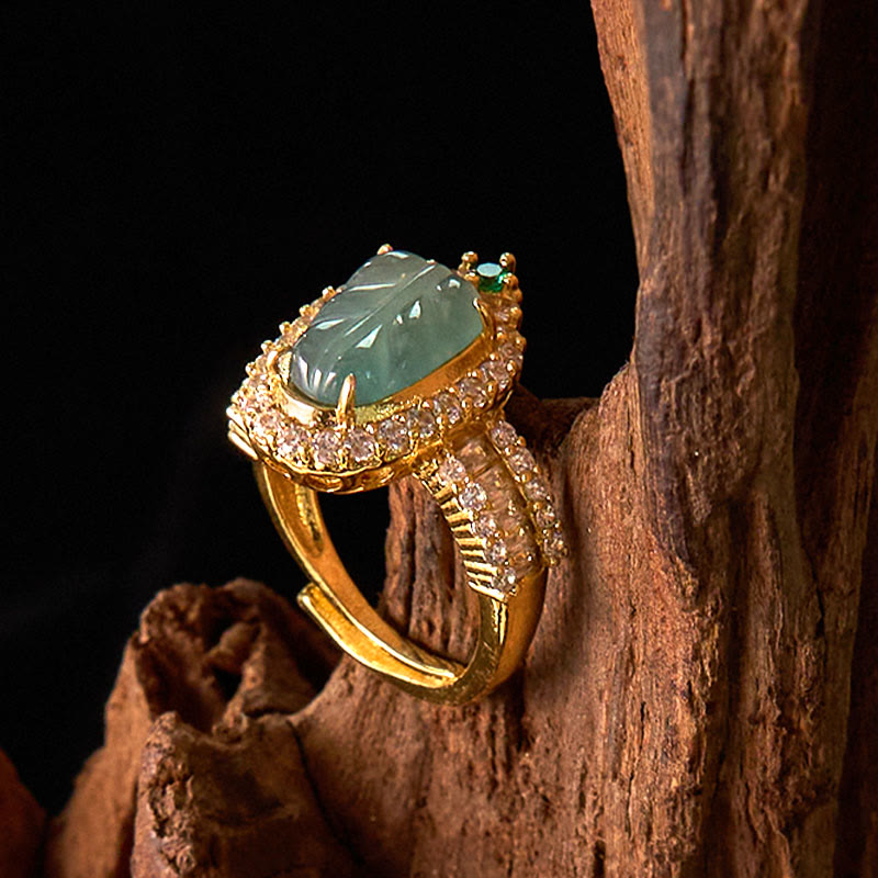 Nimara Ritual Copper Plated Gold Natural Jade Leaf Full Diamond Luck Adjustable Ring