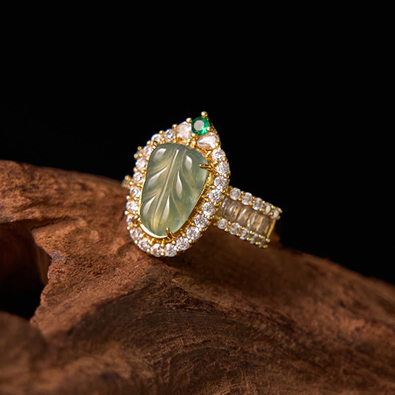 Nimara Ritual Copper Plated Gold Natural Jade Leaf Full Diamond Luck Adjustable Ring