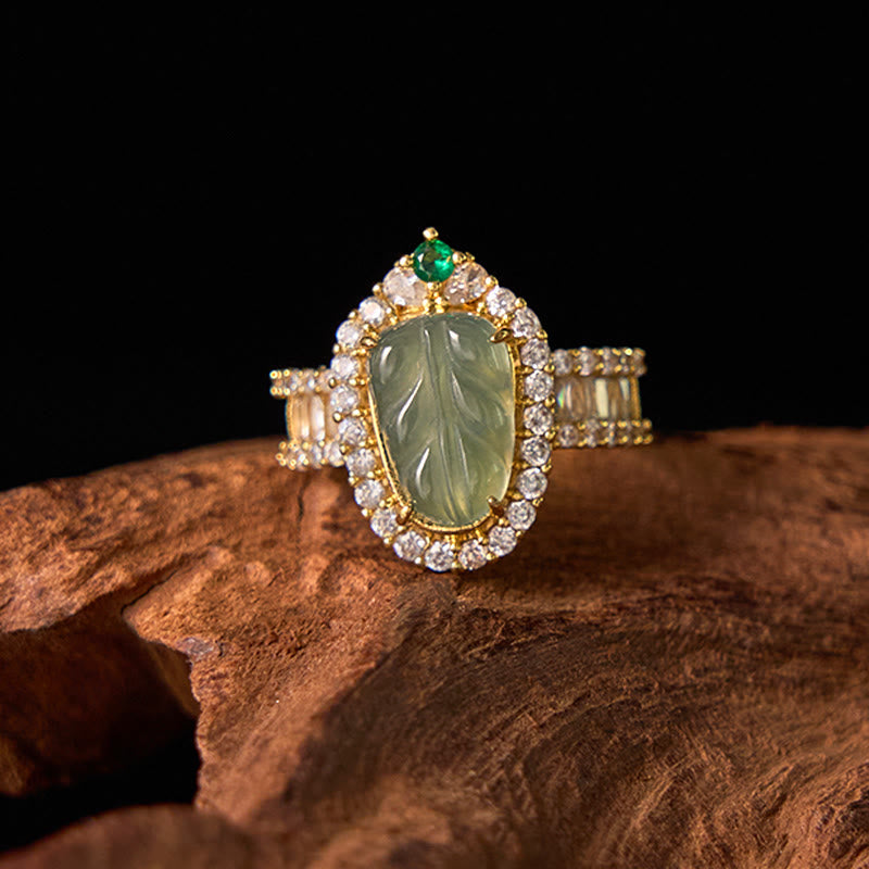 Nimara Ritual Copper Plated Gold Natural Jade Leaf Full Diamond Luck Adjustable Ring