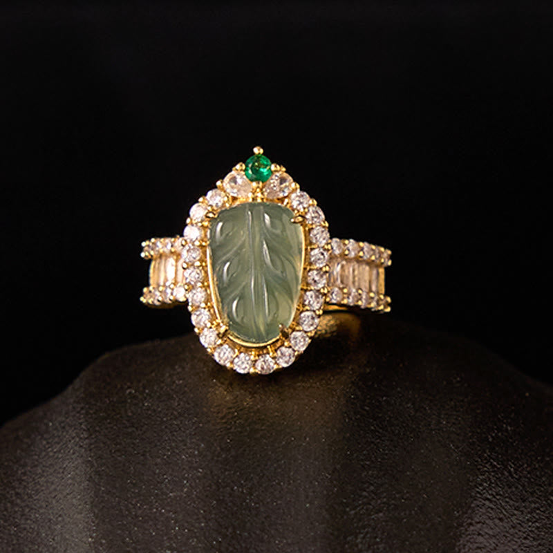 Nimara Ritual Copper Plated Gold Natural Jade Leaf Full Diamond Luck Adjustable Ring