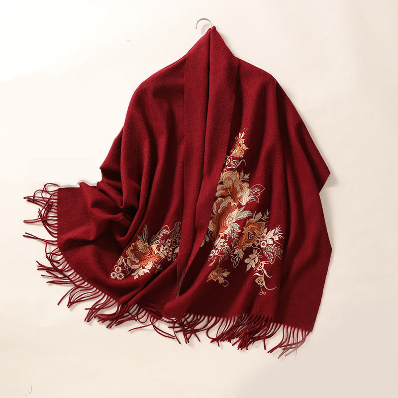 Nimara Ritual Wool Shawl Red Flower Leaves Embroidery Tassel Winter Cozy Travel Scarf Wrap