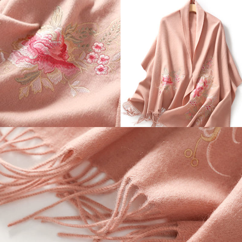 Nimara Ritual Wool Shawl Red Flower Leaves Embroidery Tassel Winter Cozy Travel Scarf Wrap