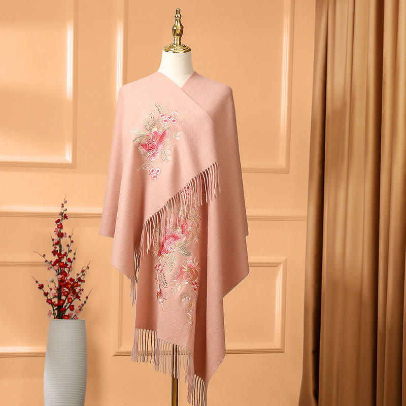 Nimara Ritual Wool Shawl Red Flower Leaves Embroidery Tassel Winter Cozy Travel Scarf Wrap