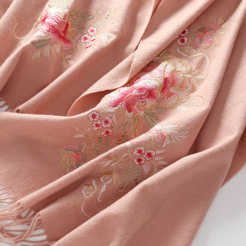 Nimara Ritual Wool Shawl Red Flower Leaves Embroidery Tassel Winter Cozy Travel Scarf Wrap