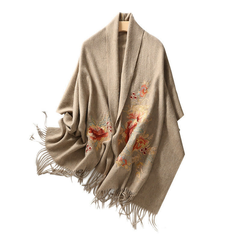Nimara Ritual Wool Shawl Red Flower Leaves Embroidery Tassel Winter Cozy Travel Scarf Wrap