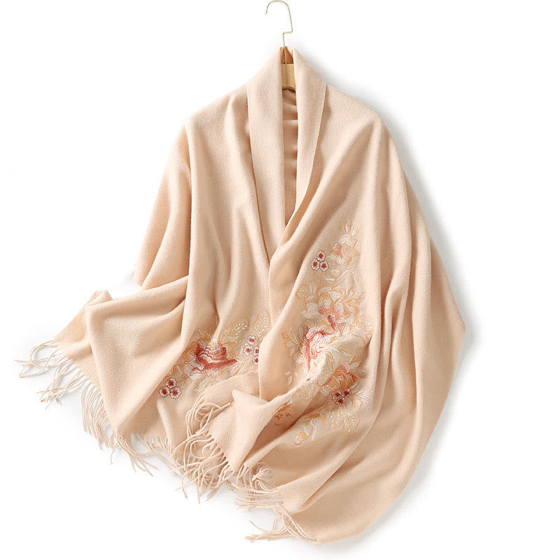 Nimara Ritual Wool Shawl Red Flower Leaves Embroidery Tassel Winter Cozy Travel Scarf Wrap