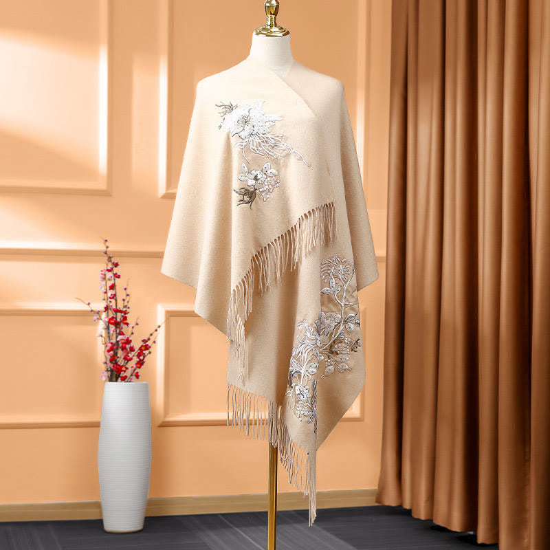 Nimara Ritual Wool Shawl White Orange Flower Embroidery Tassel Winter Cozy Travel Scarf Wrap