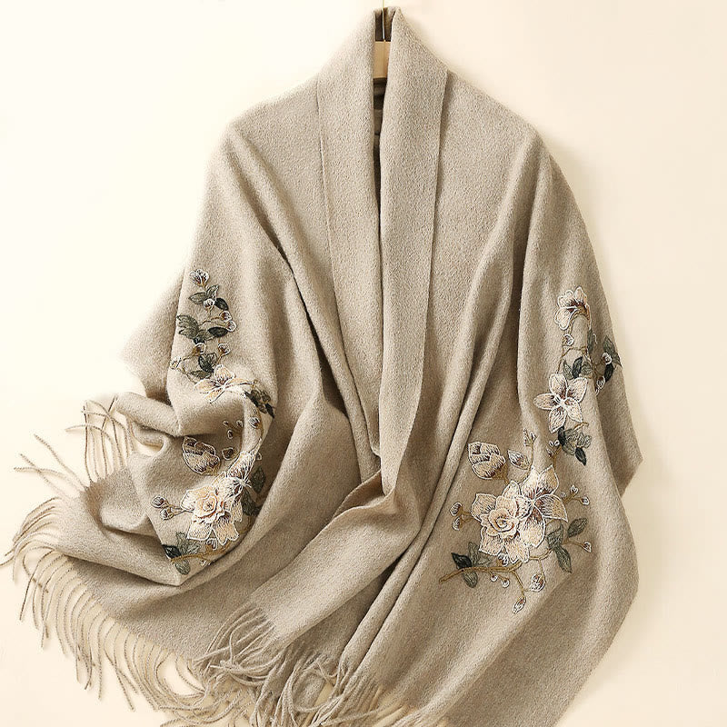 Nimara Ritual Wool Shawl White Orange Flower Embroidery Tassel Winter Cozy Travel Scarf Wrap