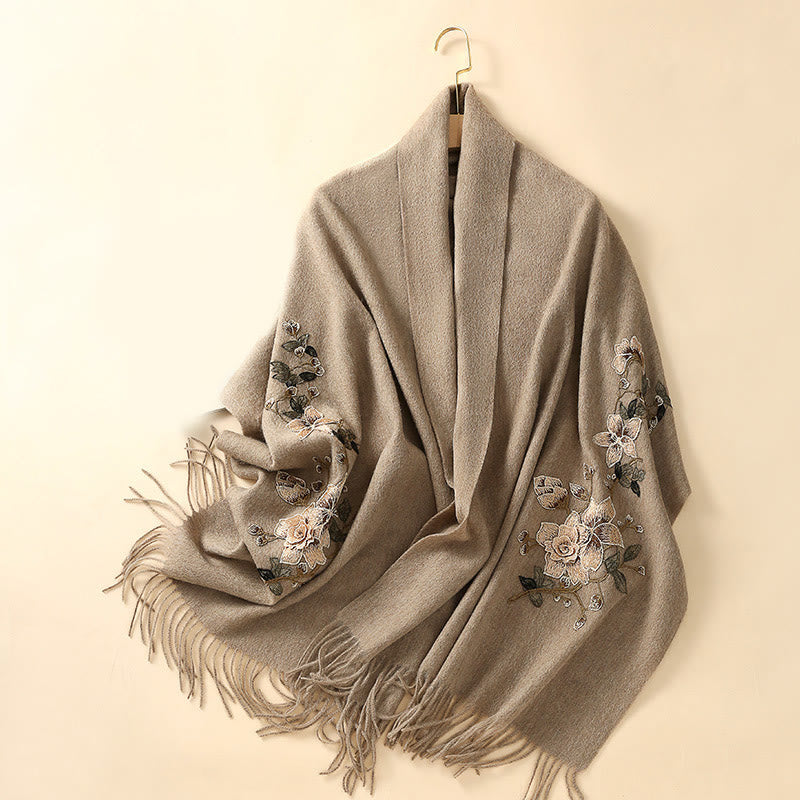 Nimara Ritual Wool Shawl White Orange Flower Embroidery Tassel Winter Cozy Travel Scarf Wrap