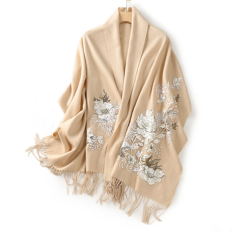 Nimara Ritual Wool Shawl White Orange Flower Embroidery Tassel Winter Cozy Travel Scarf Wrap