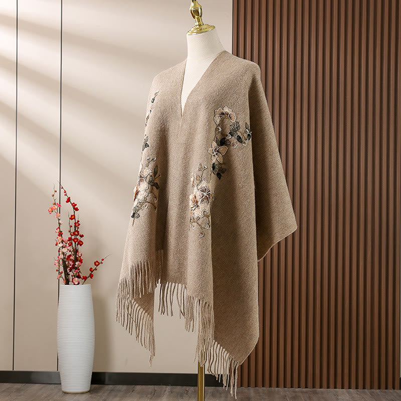 Nimara Ritual Wool Shawl White Orange Flower Embroidery Tassel Winter Cozy Travel Scarf Wrap