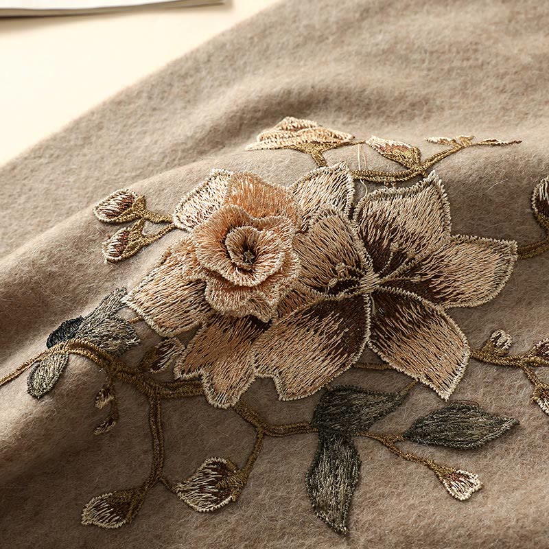 Nimara Ritual Wool Shawl White Orange Flower Embroidery Tassel Winter Cozy Travel Scarf Wrap