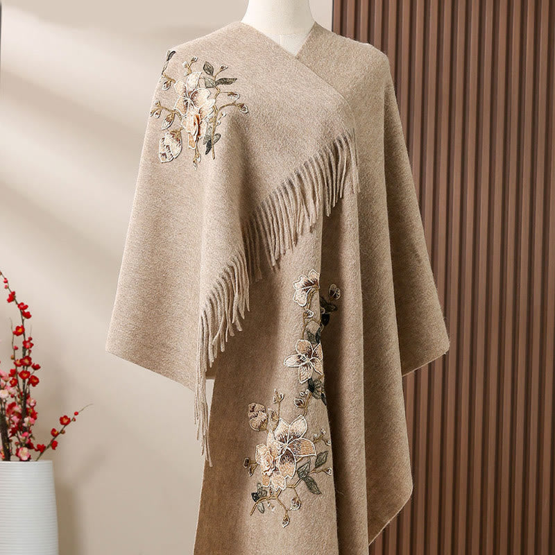Nimara Ritual Wool Shawl White Orange Flower Embroidery Tassel Winter Cozy Travel Scarf Wrap
