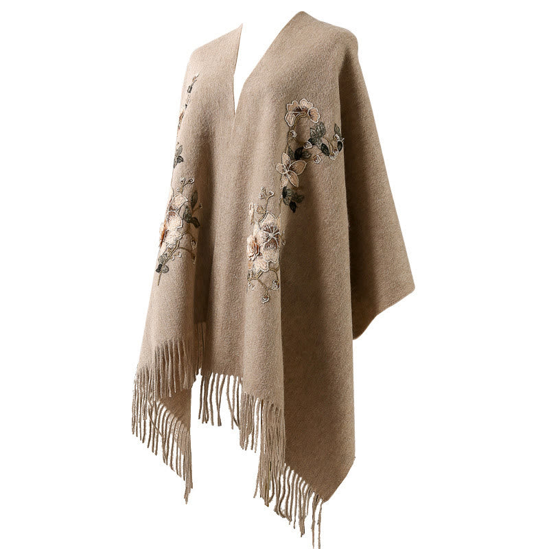 Nimara Ritual Wool Shawl White Orange Flower Embroidery Tassel Winter Cozy Travel Scarf Wrap