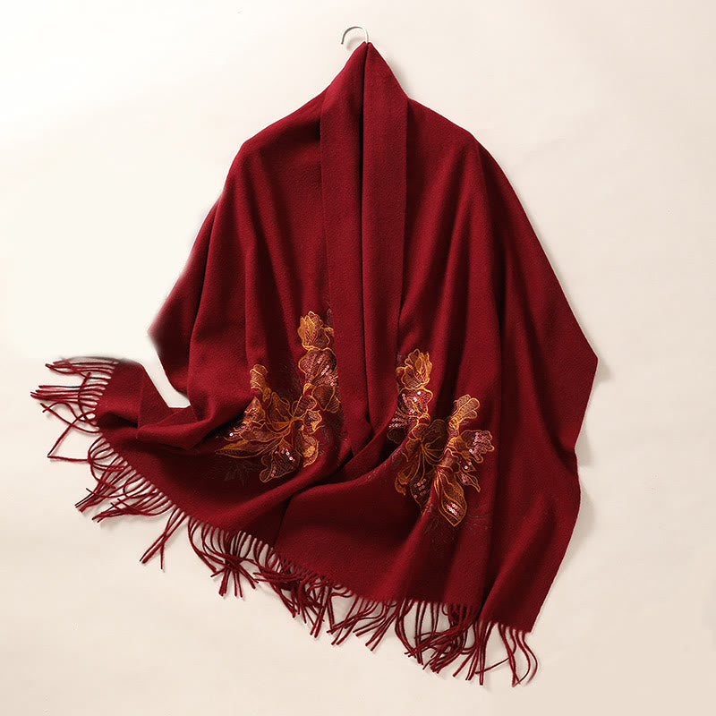 Nimara Ritual Wool Shawl Flower Sequin Embroidery Tassel Winter Cozy Travel Scarf Wrap