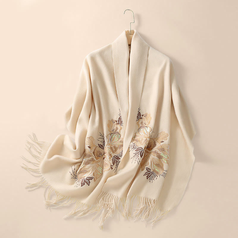 Nimara Ritual Wool Shawl Flower Sequin Embroidery Tassel Winter Cozy Travel Scarf Wrap